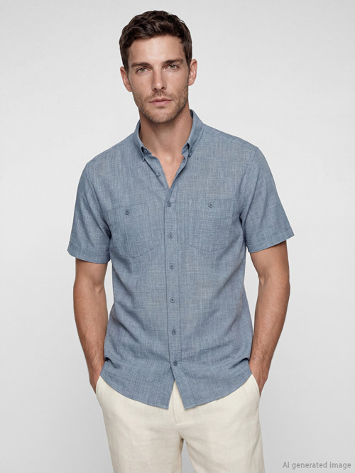 LCWAIKIKI Classic Lacivert Regular Fit Erkek Keten Görünümlü Gömlek