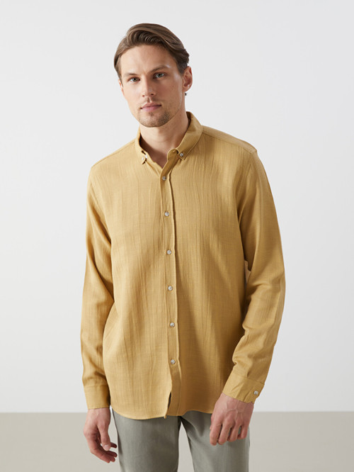 LCW Vision Sarı Slim Fit Uzun Kollu Armürlü Erkek Gömlek