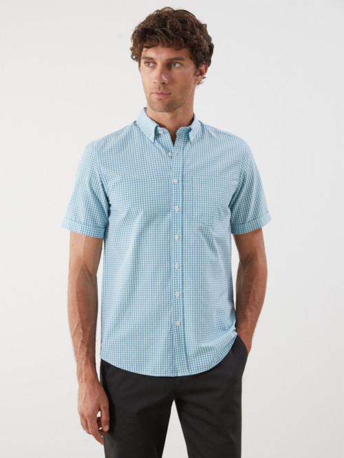 LCWAIKIKI Classic Yeşil Regular Fit Kısa Kollu Ekose Poplin Erkek Gömlek