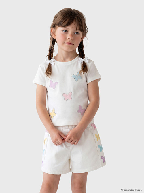 LCW Kids Beyaz Taşlı Kelebek Baskılı Kız Çocuk Tişört