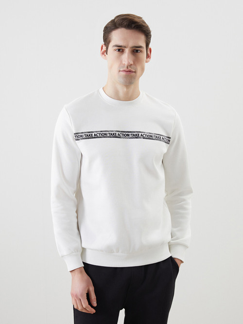 LCWAIKIKI Classic Beyaz Bisiklet Yaka Baskılı Erkek Kalın Sweatshirt