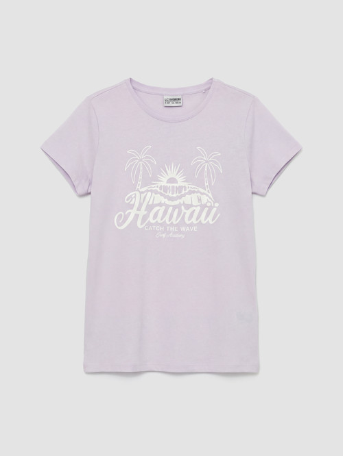 LC WAIKIKI Lila Bisiklet Yaka Hawaii Baskılı Kız Çocuk Tişört