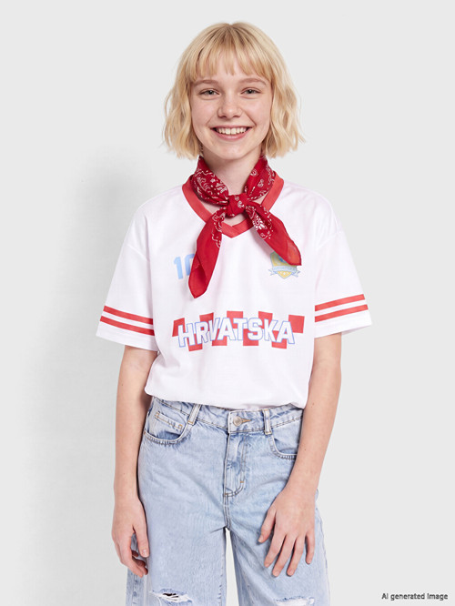 LCW Kids Beyaz Hırvatistan Baskılı Kız Çocuk Forma Tişört
