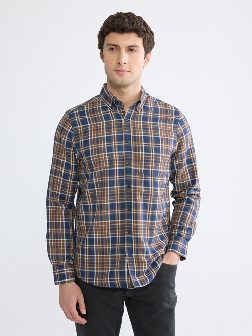 LCWAIKIKI Classic Kahverengi Regular Fit Ekose Desenli Gabardin Erkek Gömlek