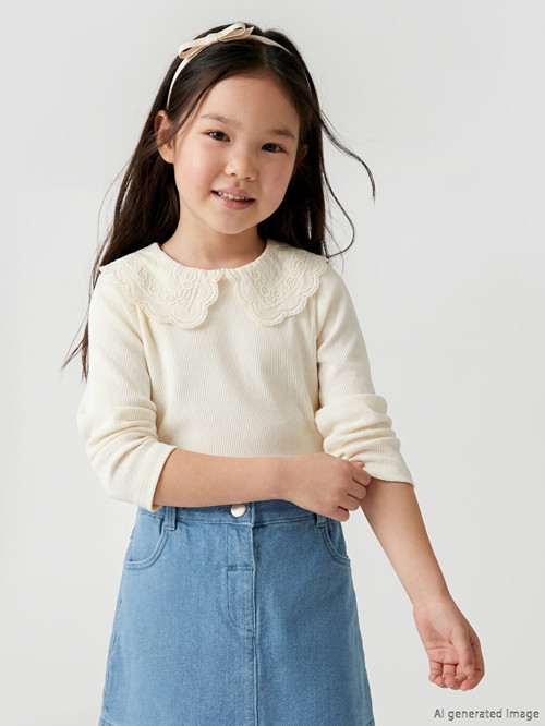 LCW Kids Ekru Bebe Yaka Uzun Kollu Kız Çocuk Tişört