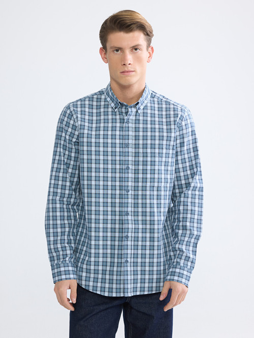 LCWAIKIKI Classic Mavi Regular Fit Ekose Gabardin Erkek Gömlek