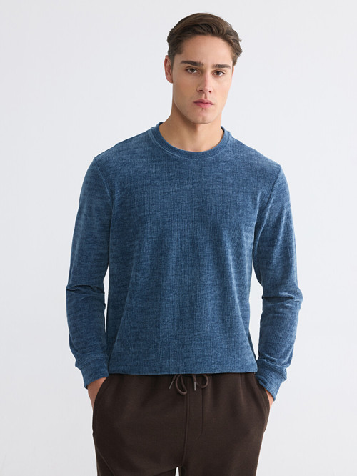 LCWAIKIKI Classic İndigo Bisiklet Yaka Dokulu Erkek Sweatshirt