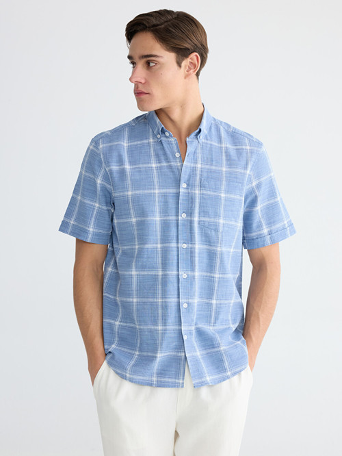 LCWAIKIKI Classic İndigo Regular Fit Kareli Erkek Gömlek