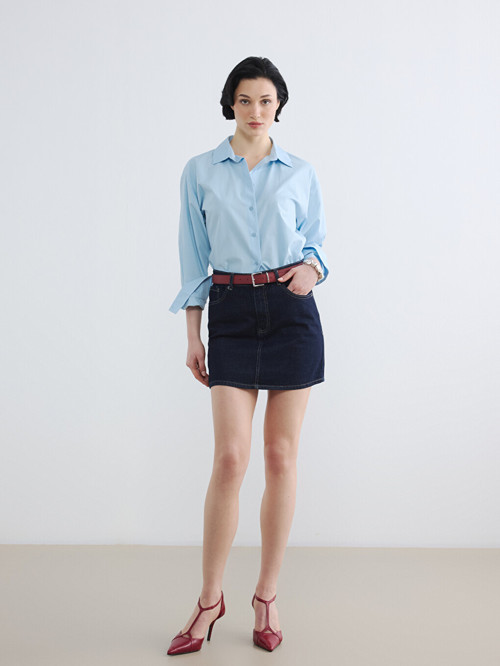 LCW Vision İndigo Beli Kemerli Mini Jean Etek