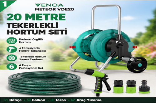 Meteor VDE20 Kırılmaz Örgülü Tekerlekli Makaralı Bahçe Su Hortumu 20 Metre 6 Parça Set