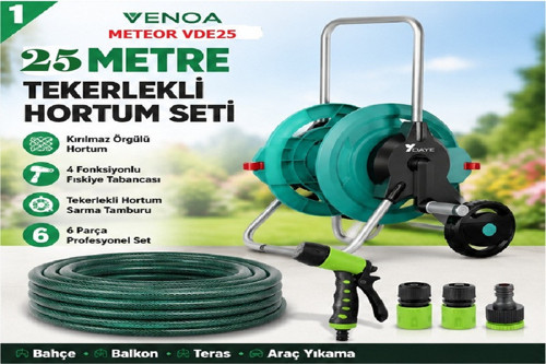 Meteor VDE25 Kırılmaz Örgülü Tekerlekli Makaralı Bahçe Su Hortumu 25 Metre 6 Parça Set
