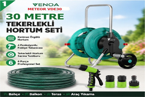 Meteor VDE30 Kırılmaz Örgülü Tekerlekli Makaralı Bahçe Su Hortumu 30 Metre 6 Parça Set