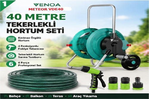 Meteor VDE40 Kırılmaz Örgülü Tekerlekli Makaralı Bahçe Su Hortumu 40 Metre 6 Parça Set