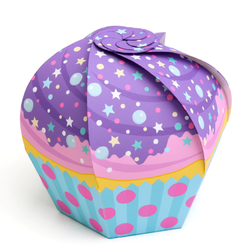 Uzay Desenli Cupcake - Hediye, Şeker ve Kurabiye Sunum İkram Kutusu (Mor) - 20'li Paket