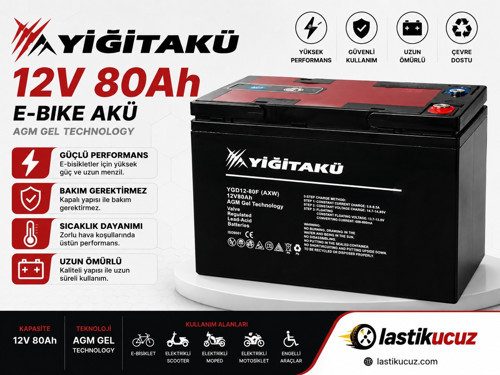 AKÜ 12 Volt 80 Amper (80Ah) Elekrikli Bisiklet Aküsü 2026 ÜRETİM Jel Akü EBATLAR: 224X120X181mm