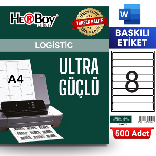 HB-1108 192 x 34 mm A4 Baskılı Laser Etiket (500 Adet)