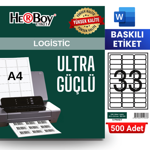 HB-1033 63,5 x 25,4 mm A4 Baskılı Laser Etiket (500 Adet)
