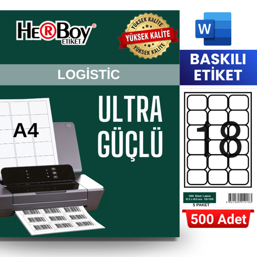 HB-1018 63,5 x 46,6 mm A4 Baskılı Laser Etiket (500 Adet)
