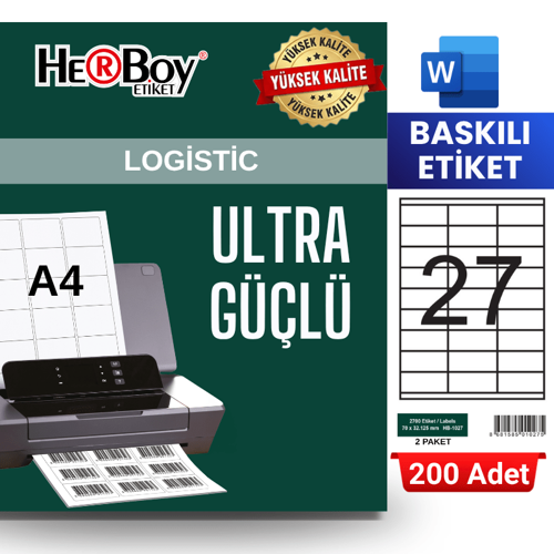 HB-1027 70 x32,125 mm A4 Baskılı Laser Etiket (200 Adet)