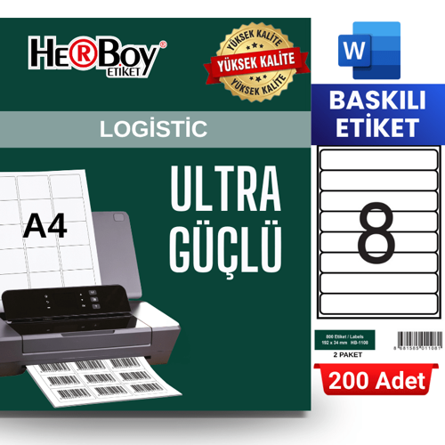 HB-1108 192 x 34 mm A4 Baskılı Laser Etiket (200 Adet)