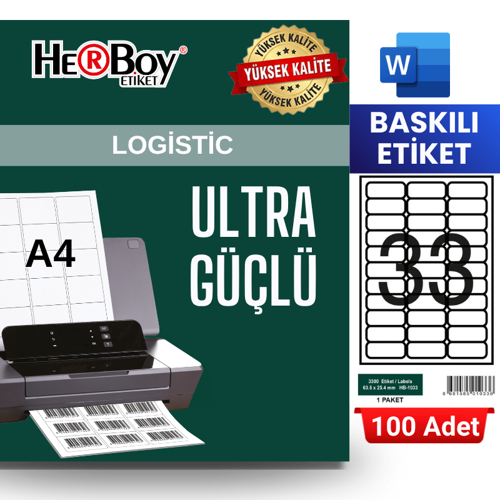 HB-1033 63,5 x 25,4 mm A4 Baskılı Laser Etiket (100 Adet)