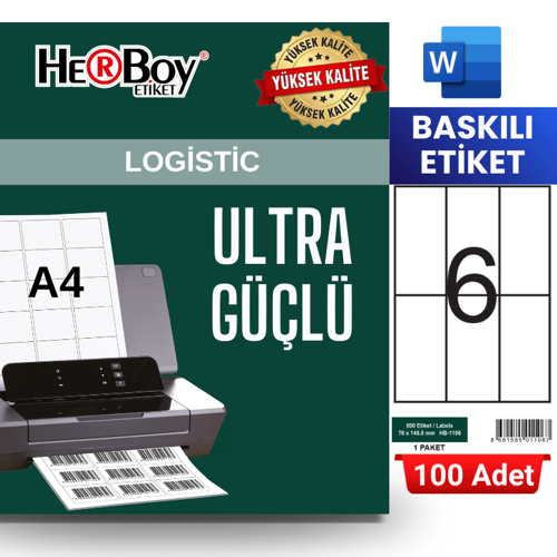 HB-1106 148,5 x 70 mm A4 Baskılı Laser Etiket (100 Adet)