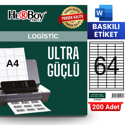 HB-1164 52,5 x 18 mm A4 Baskılı Laser Etiket (200 Adet)