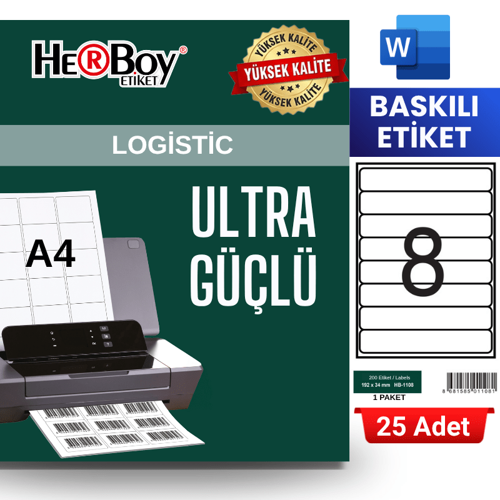 HB-1108 192 x 34 mm A4 Baskılı Laser Etiket (25 Adet)