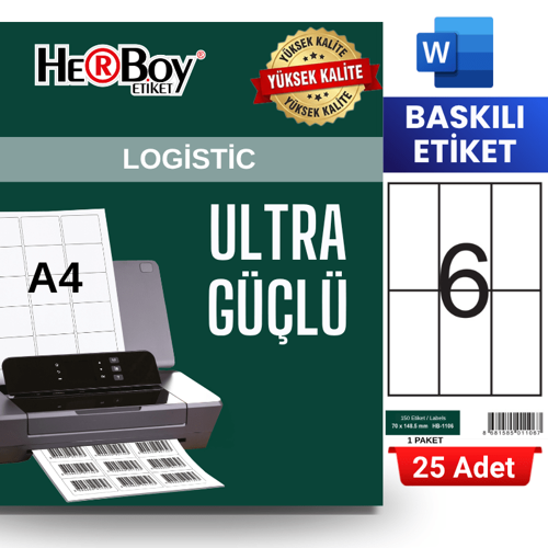 HB-1106 148,5 x 70 mm A4 Baskılı Laser Etiket (25 Adet)