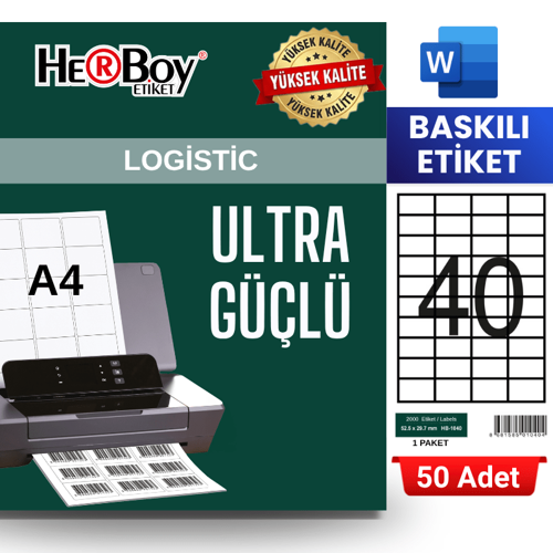 HB-1040 52,5 x 29,7 mm A4 Baskılı Laser Etiket (50 Adet)