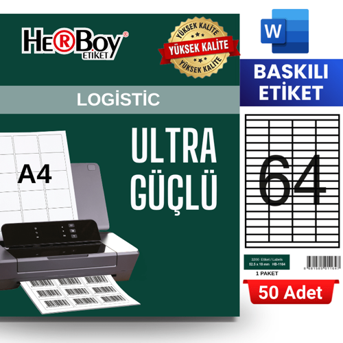 HB-1164 52,5 x 18 mm A4 Baskılı Laser Etiket (50 Adet)
