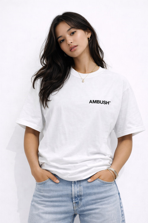 UNİSEX AMBUSH LOGO YAZILI ÖN BASKILI OVERSİZE KALIN KUMAŞ BOL KESİM PAMUKLU T-SHİRT