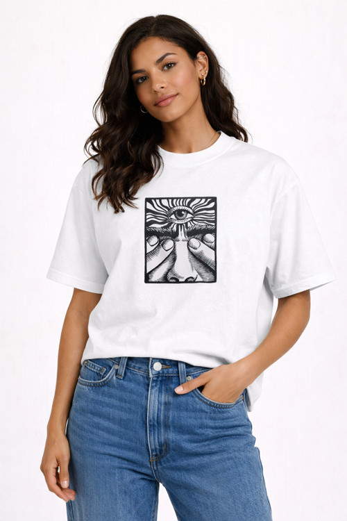 Göz Ön Baskılı Oversize Kalın Kumaş Bol Kalıp T-Shirt