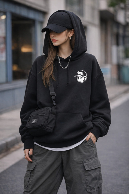 Yüz Baskılı Oversize Kapüşonlu Sweatshirt
