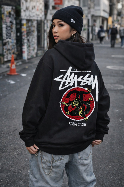 Unisex Sırt Ejderha Baskılı Oversize Kapüşonlu Sweatshirt