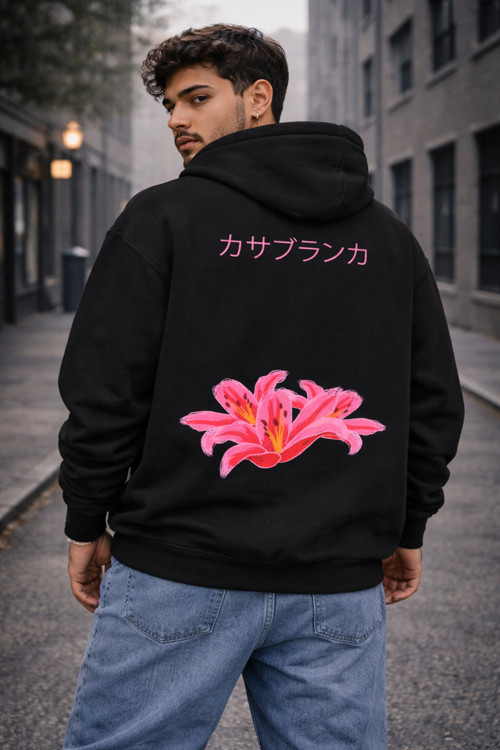 PEMBE CİCEK SIRT BASKILI UNISEX %100 PAMUKLU NEFES ALAN SWEATSHIRT HOODIE