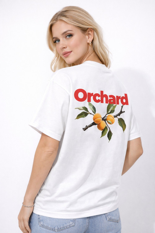 UNİSEX ORCHARD KAYISI MEYVE BASKILI OVERSİZE KALIN KUMAŞ BOL KESİM PAMUKLU T-SHİRT