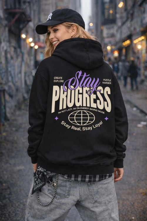 Progress Baskılı Oversize Kapüşonlu Sweatshirt