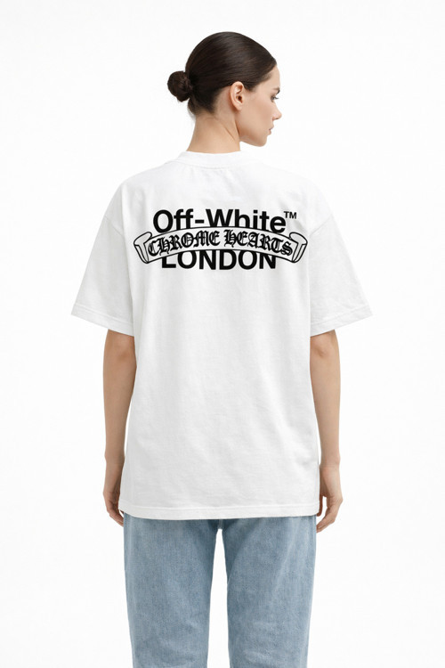 UNİSEX OFF WHİTE CHROME HEART LONDON SIRT ÖN BASKILI OVERSİZE KALIN KUMAŞ BOL KESİM PAMUKLU T-SHİRT