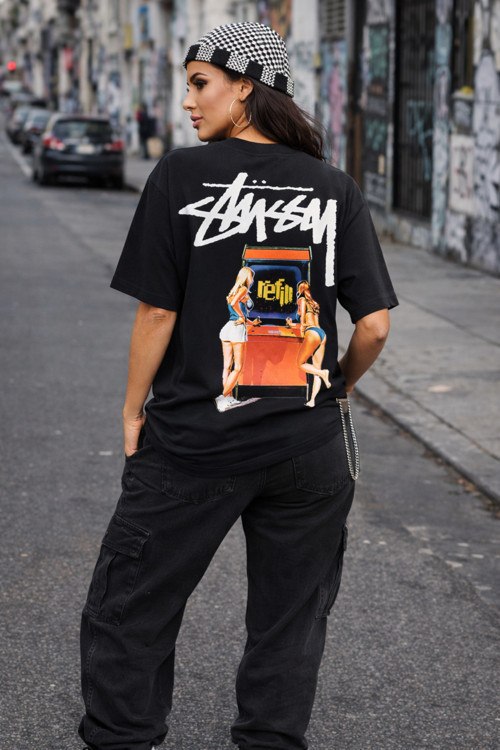 Unisex Stussy Game Girl Sırt Baskılı Oversize Kalın Kumaş Bol Kalıp Unisex T-Shirt