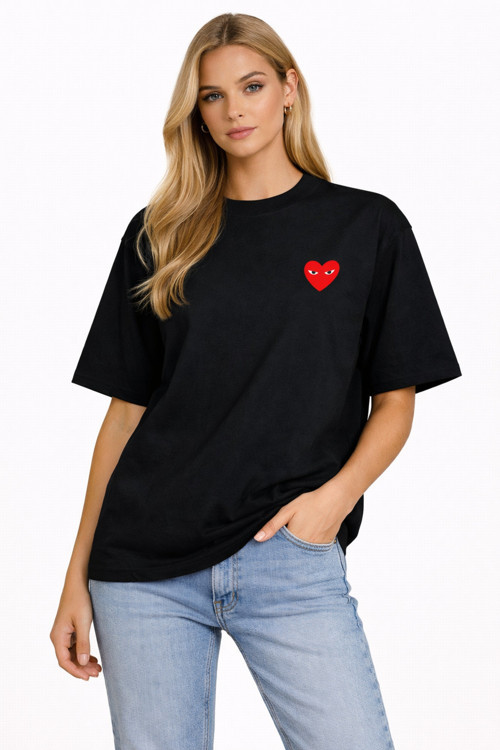 UNİSEX COMME DES GARÇONS KIZGIN ÖN BASKILI OVERSİZE KALIN KUMAŞ BOL KESİM PAMUKLU T-SHİRT