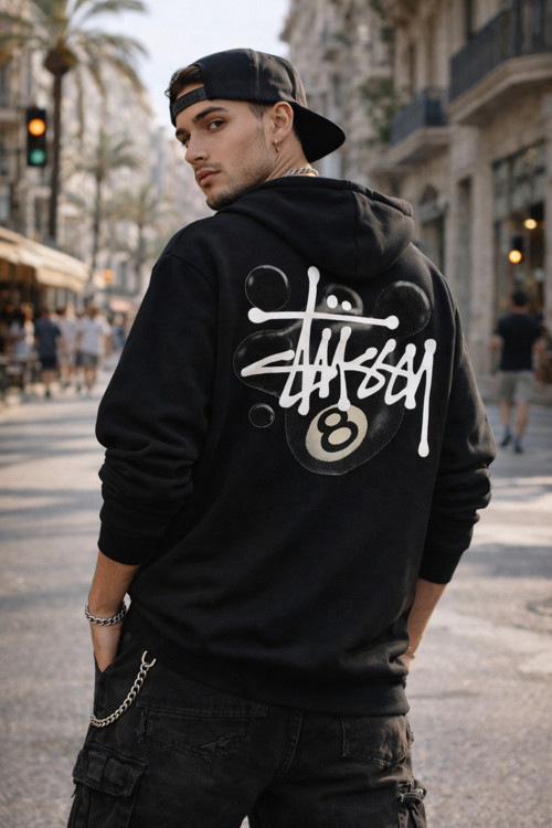 STUSSY SİYAH BİLARDO TOPU SIRT BASKILI UNISEX %100 PAMUKLU NEFES ALAN SWEATSHIRT HOODIE