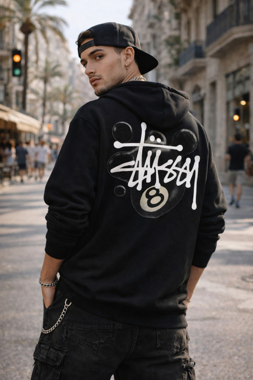 STUSSY SİYAH BİLARDO TOPU SIRT BASKILI UNISEX %100 PAMUKLU NEFES ALAN SWEATSHIRT HOODIE