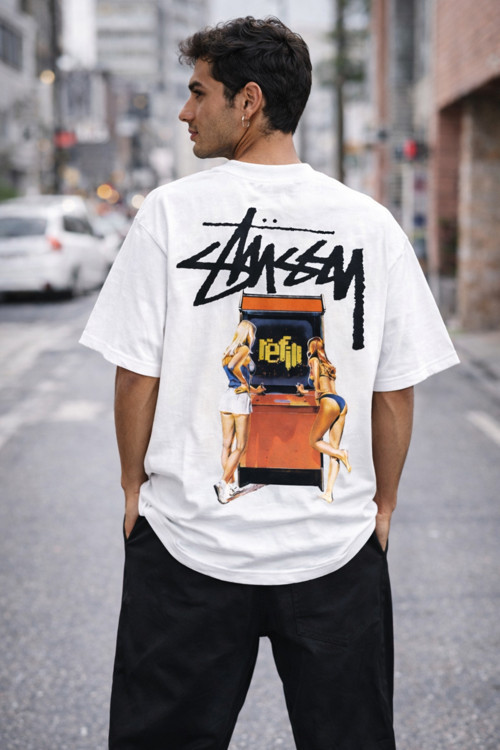 Unisex Stussy Game Girl Sırt Baskılı Oversize Kalın Kumaş Bol Kalıp Unisex T-Shirt