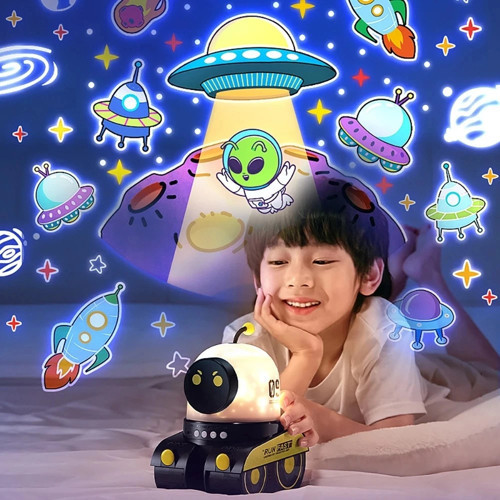 Çocuklar İçin Eğitici Eğlenceli Robot Figür Projektör Gece Lambası Uyku Arkadaşı