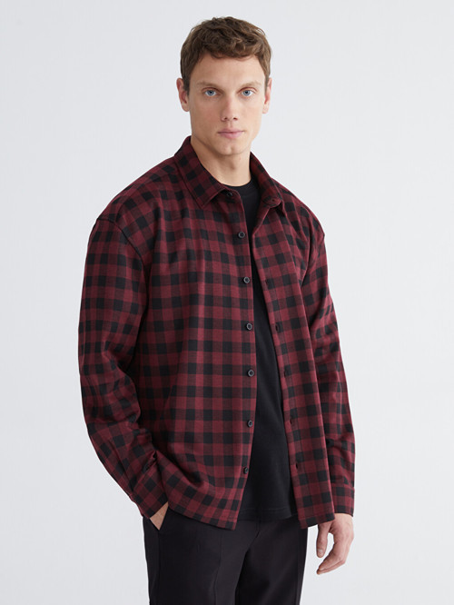 LCW Vision Bordo Regular Fit Uzun Kollu Ekose Erkek Gömlek