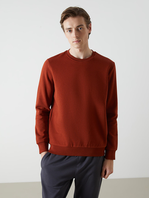 LCWAIKIKI Basic Kahverengi Bisiklet Yaka Uzun Kollu Erkek Sweatshirt