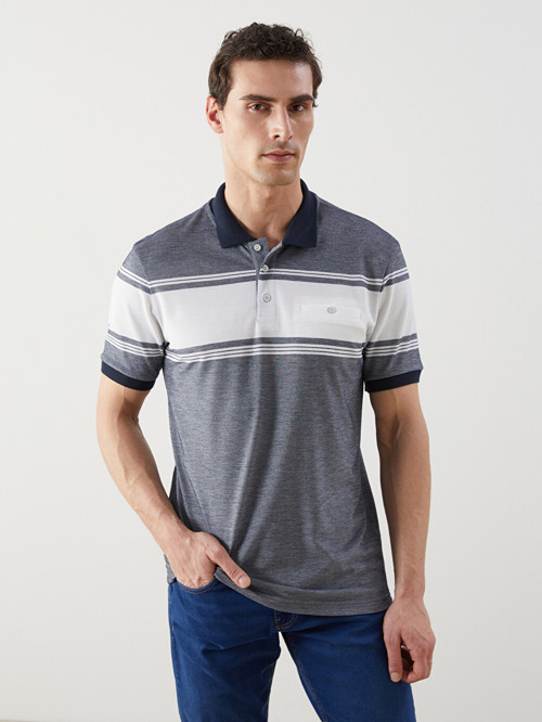 LCWAIKIKI Classic Lacivert Polo Yaka Çizgili Pike Erkek Tişört