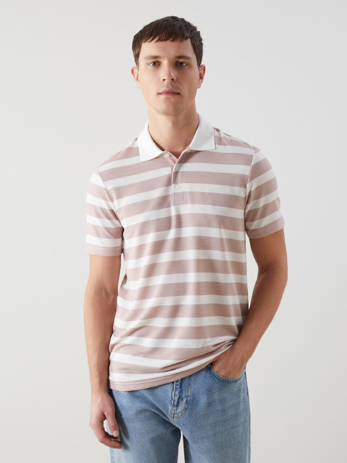 LCWAIKIKI Classic Pembe Polo Yaka Kısa Kollu Çizgili Erkek Tişört