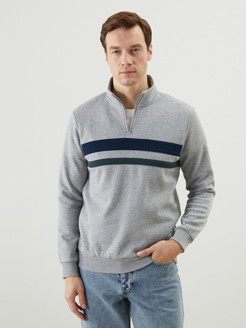 LCWAIKIKI Classic Gri Dik Yaka Uzun Kollu Çizgili Erkek Sweatshirt